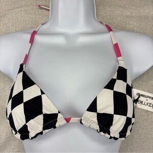 Bloom Black and White Checkered Bikini Top with Pink Accents